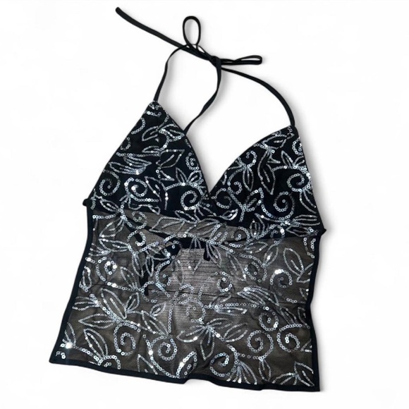 Tops - Black Sequin Halter Mesh Tank Top